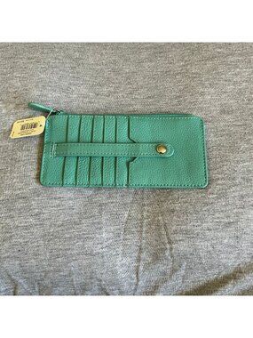 Kim Rogers Green Pebbled Leather Card Holder Wallet With Zipper Closure & ID Slo